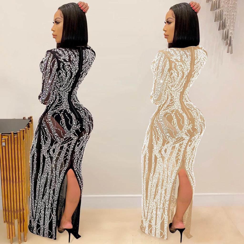 X5002 Rhinestone Inlaid See-through Mesh Women's Long Dress - European and American Nightclub Style