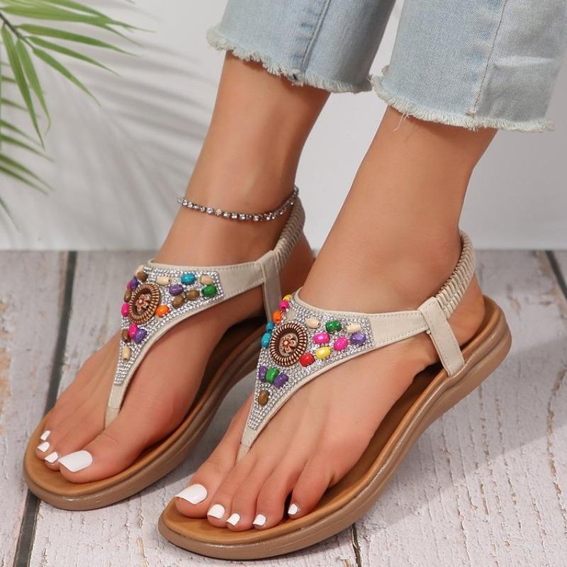 Women's Plus Size Beaded Roman Toe Post Flat Sandals, Retro Casual Anti-Slip Beach Shoes