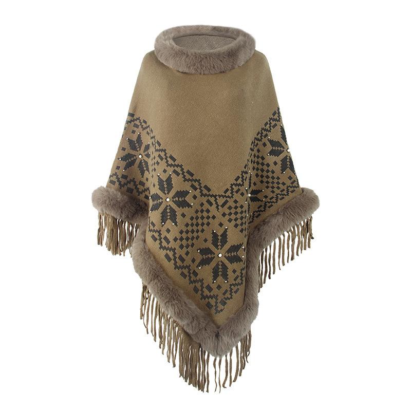 Cape Shawl Knitted Shawl Fur Collar Beaded Fringed Hem Sweater Women