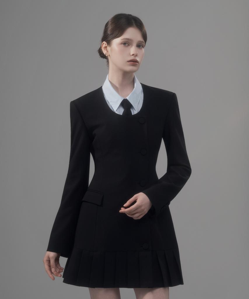 Mausolleum Jenn Round Neck Pleated Suit Jacket Dress - Black