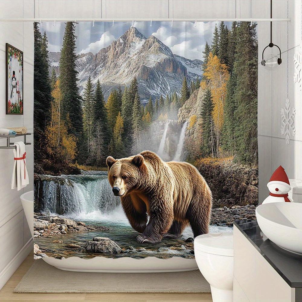 1Pc Large Bear Shower Curtain - Nature Scene Bathroom Decor With Brown Bear, Mountain Landscape & Waterfall, Machine Washable