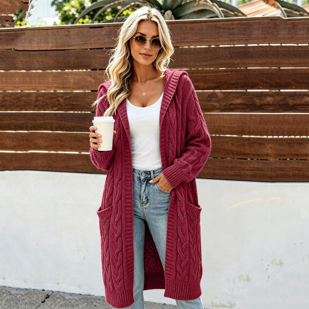 Women's Long Knit Cardigan with Hood - Long Sleeve Sweater Coat with Pockets