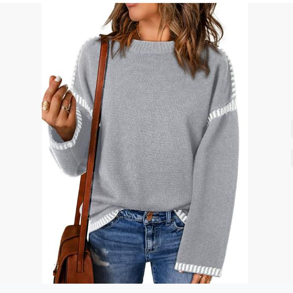 Autumn and Winter Women's Sweater Solid Color Round Neck Loose Long-sleeved Contrast Color Twisted Knitted Pullover Sweater Top
