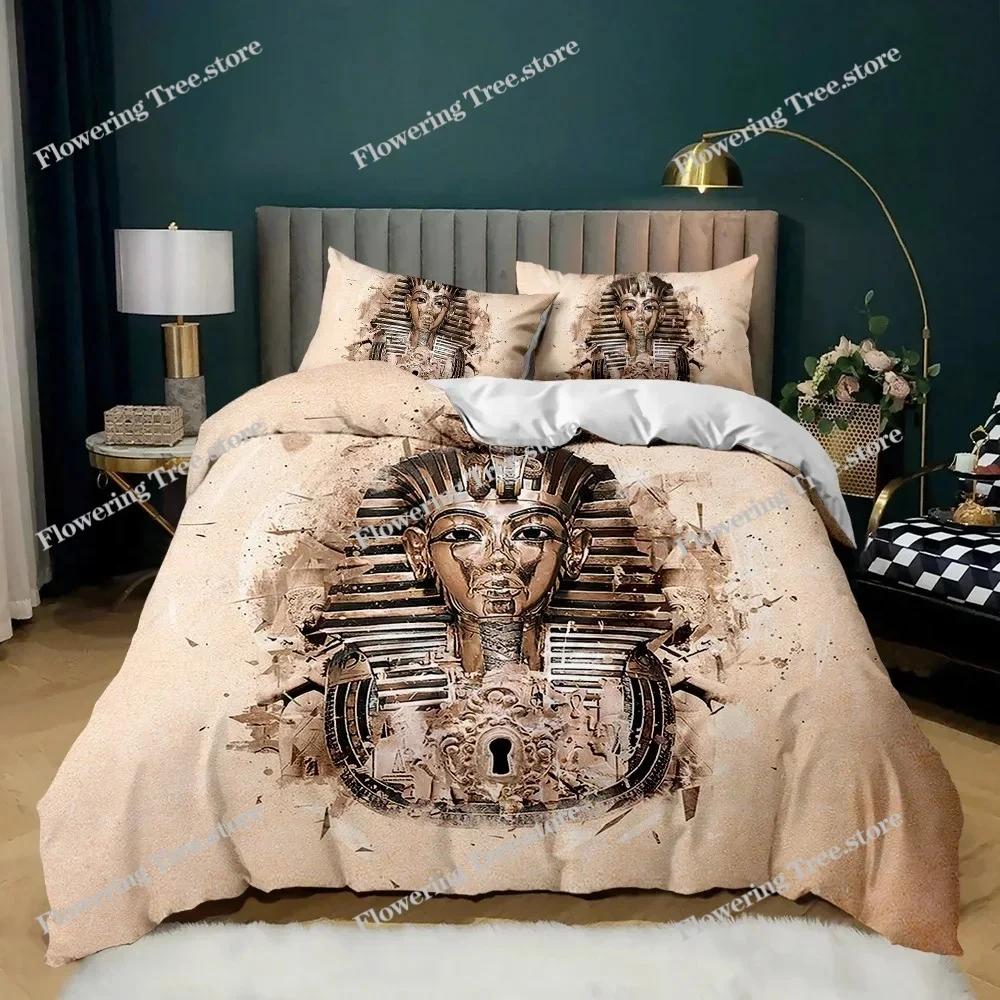 Pharao Bettwäsche-Sets, King Size 3D Altes Ägypten Stamm Dekor Bettdeckenbezug Set für Erwachsene Ägyptische Pyramide Polyester Bettbezug