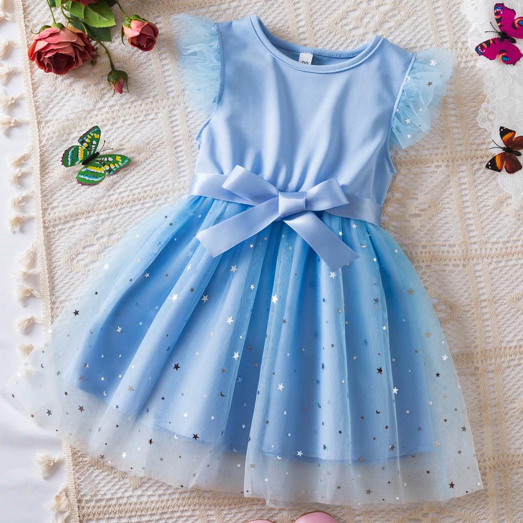 Girls' Fashion Ocean Star Gradient Mesh Children's Short Sleeve Casual Dresses