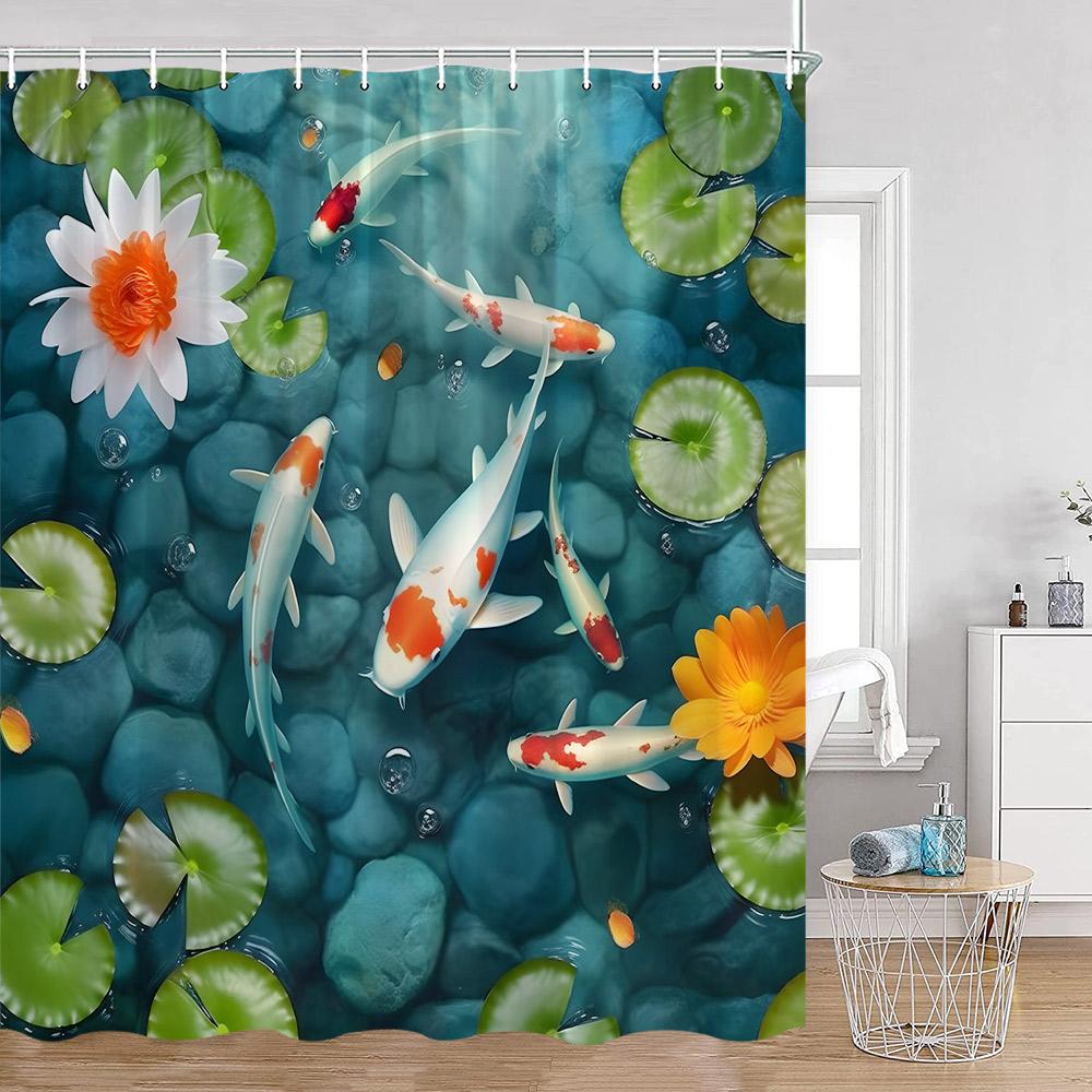

Pink Flowers Koi Carp Shower Curtains Cherry Blossom Pond Watercolor Floral Bathroom Decoration Polyester Fabric Bathtub Curtain W60H190(CM)-1 Pcs