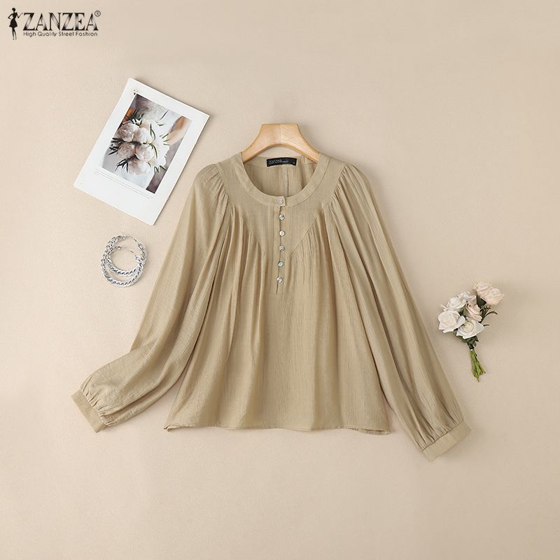 ZANZEA Women Casual Round Neck Solid Color Long Sleeve Cover Up Blouse