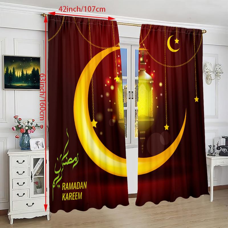 Set Of 2 Luxury Islamic Muslim Eid Theme Printed Curtain Moon Living Room Bedroom Decoration Polyester Perfect For