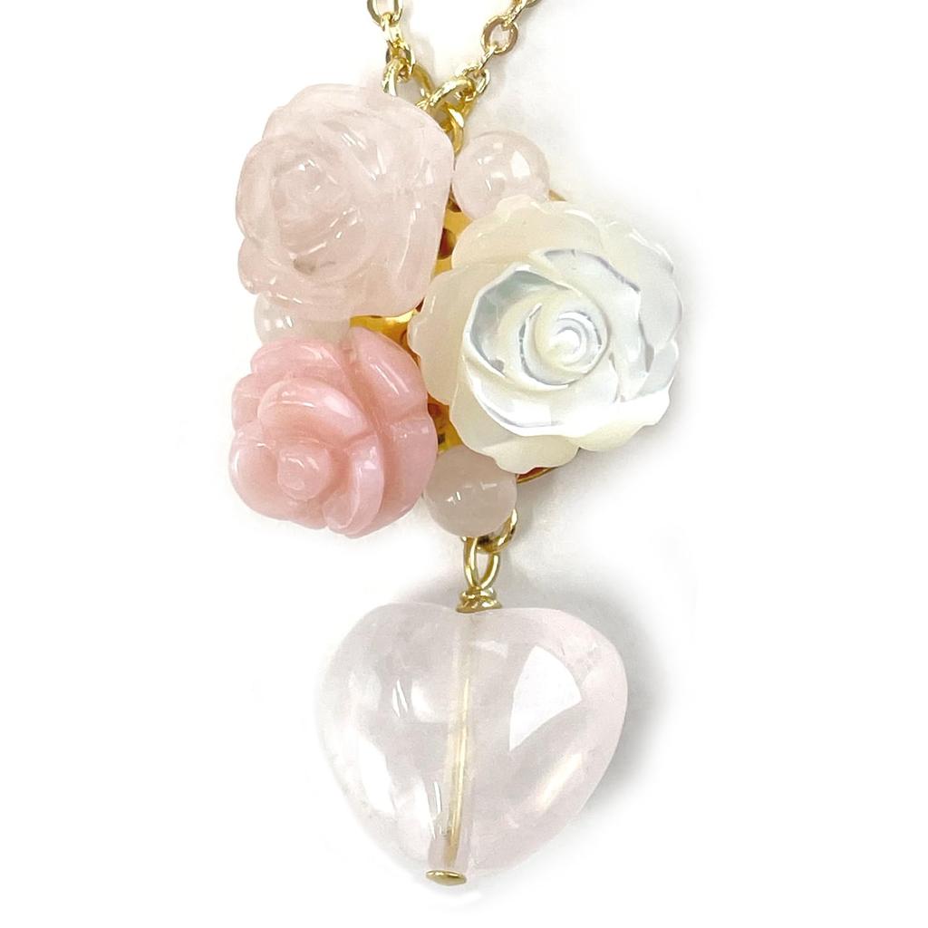 Cherry Rose Quartz Heart Rose Flower Pink Opal Pendant Natural Power A1125 Mother-of-Pearl Necklace, Stone, Stone,
