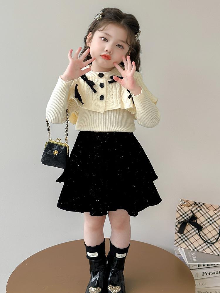 Girls' 2025 Autumn/Winter Knitted Cardigan and Velvet Skirt Set with Sweet Bow Cape