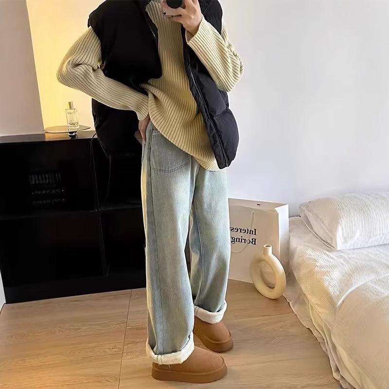 

Women s High-Waisted Fleece-Lined Wide-Leg Jeans - Autumn/Winter Slimming Straight-Leg Trend. 5XL