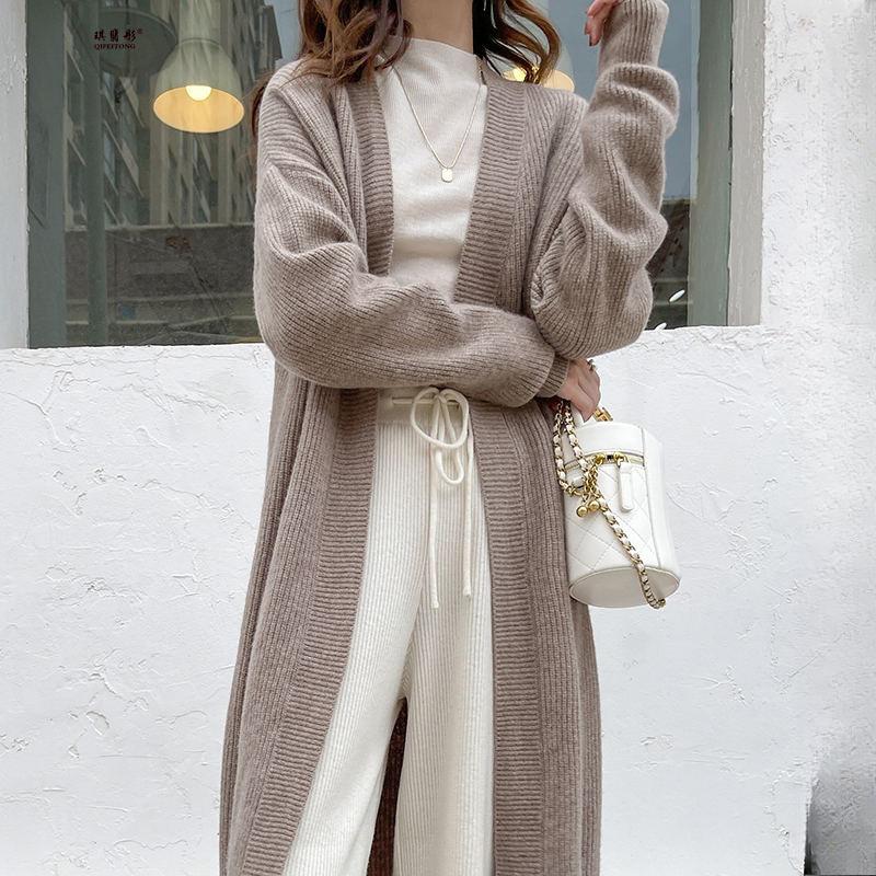 Laid-back Style Long Plus-size V-neck Knitted Cardigan for Autumn and Winter New Loose Solid Color Elegant Sweater Women's Coat