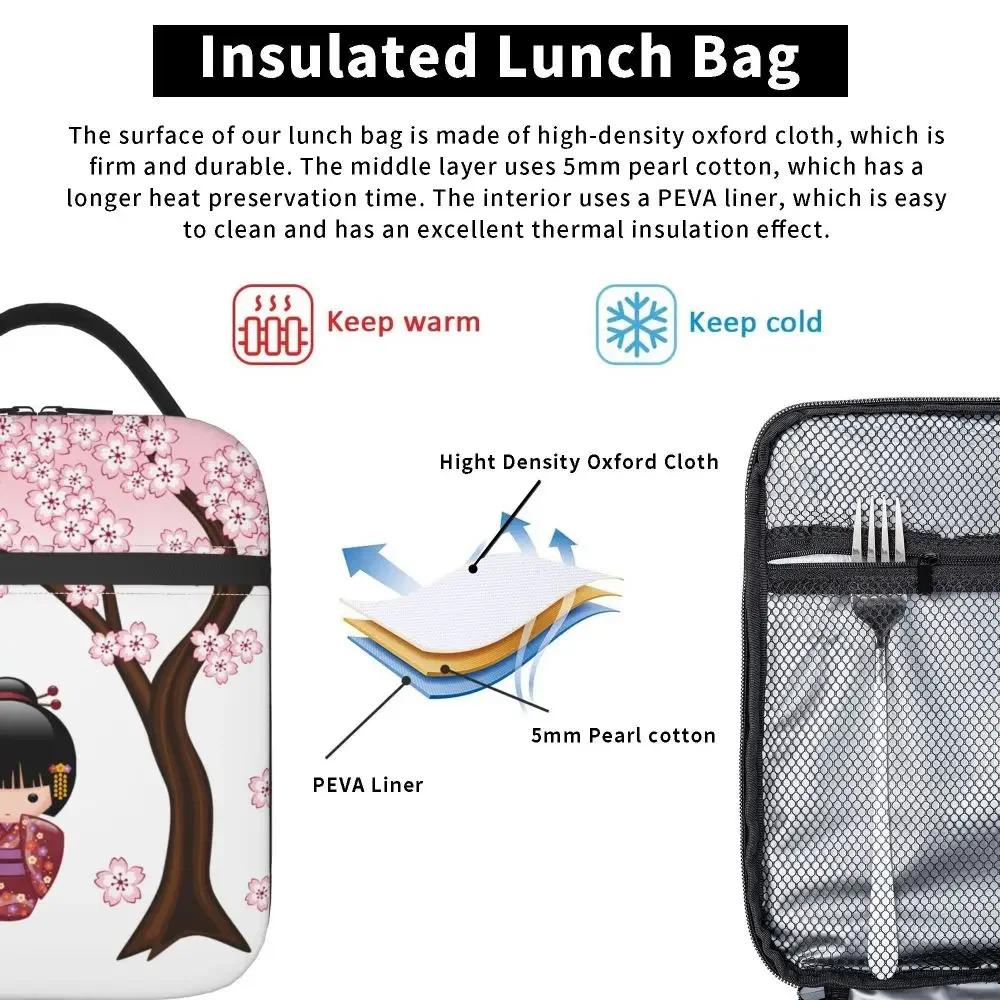 Lalka Kokeshi Czerwona Czarna Biała Kwiaty Wiśni Izolowana Torba na Lunch Japońska Sztuka Dziewczęca Pojemnik na Jedzenie Chłodzący Termiczny Lunchbox Szkoła
