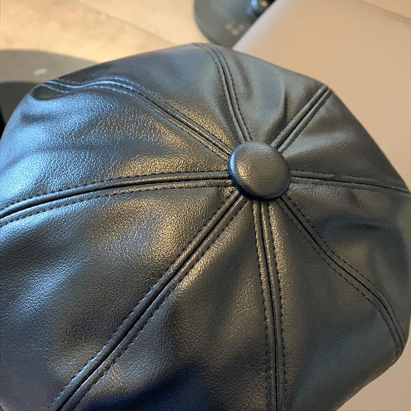Women's Black PU Leather Duckbill Cap: Autumn/Winter British Newsboy Hat, Korean Style Beret.