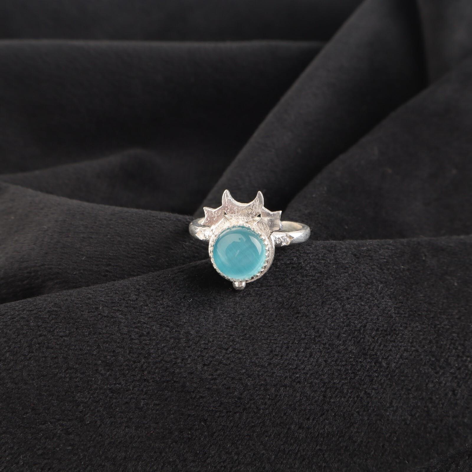 

Natural Blue Cat s Eye Gemstone 925 Sterling Silver Women Jewelry Handmade Ring RR-67-36 13