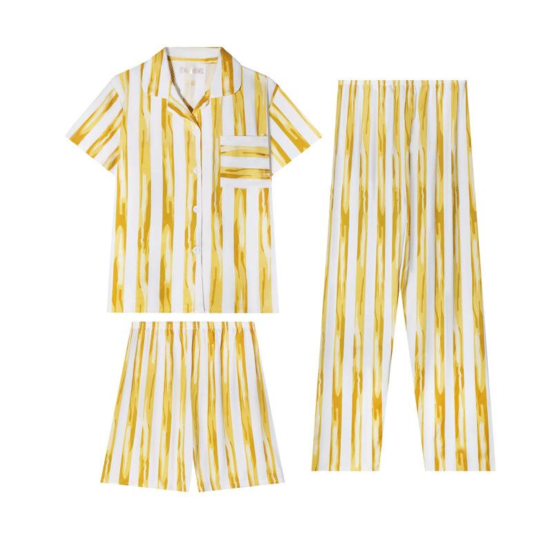 High-end striped pajamas women's summer short-sleeved shorts and trousers three-piece set women's loungewear set