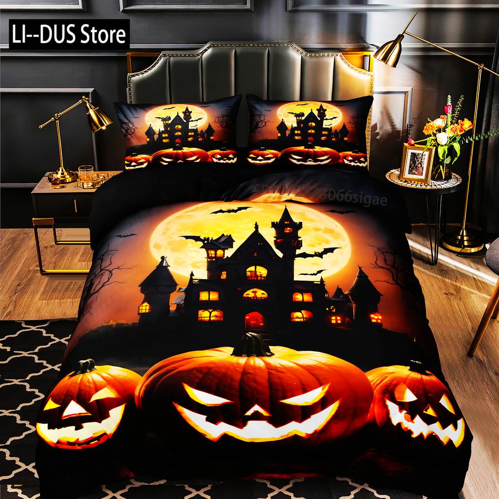 Cat Pumpkin Duvet Cover Set Halloween Comforter Cover Ghost Bedding Set Horror Quilt Cover Black Room Decor 3PCS NO Comforter