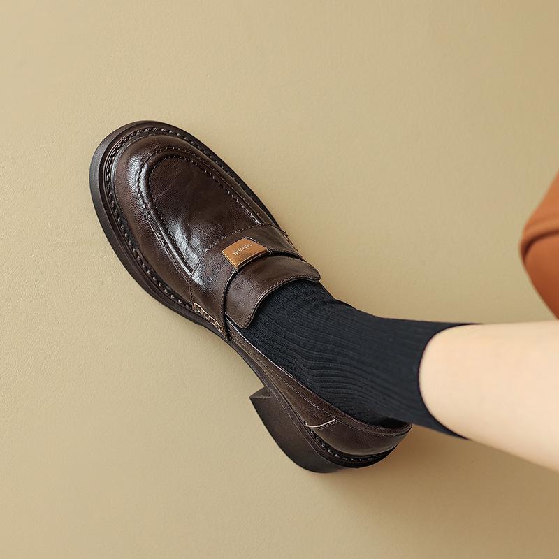 Spot Lightning Hair~ Gold Buckle Round Head Heightening Loafers 2025 Spring and Summer Retro Sheepskin Thick Heel Single Shoes Main Push