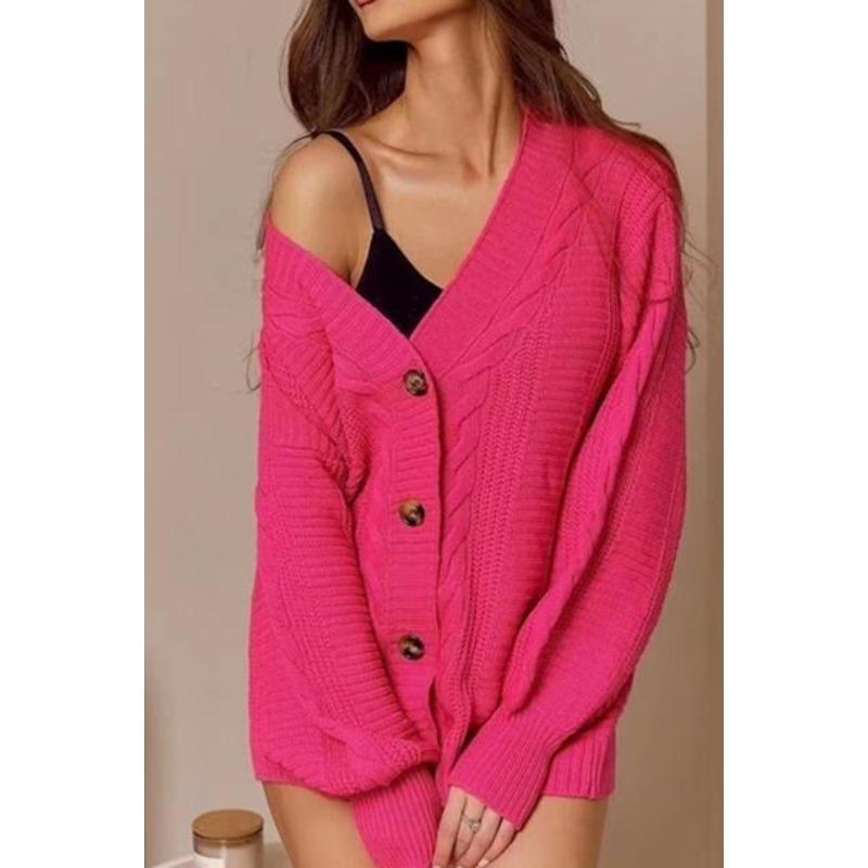 

Осень и зима V-образный вырез вязаный повседневный модный кардиган с косами ретро свитер куртка женский 6496# One size розы красного