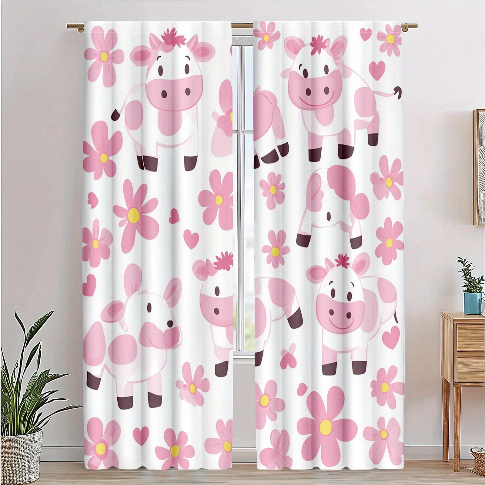 

Boho Farmhouse Daisy Curtains Pink Milk Cow Style Living Room Decorative Set Of 2 Made Polyester Decor W100*H70(CM)-Grommet top&2PCS