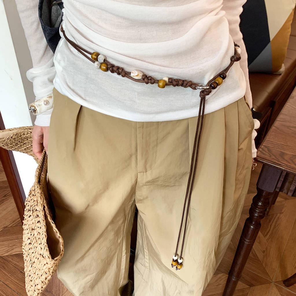Handgewebter Damen-Taillengürtel im ethnischen Stil aus PU-Leder mit Perlendetails für Freizeitkleidung
