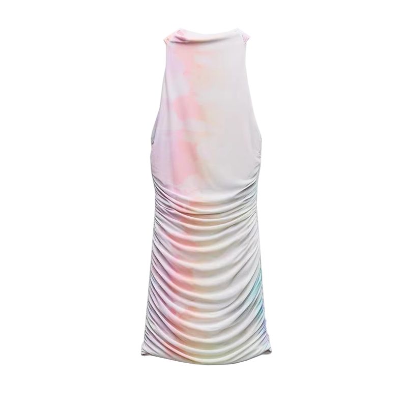 Summer New Product Women Clothes French Style Design Sense Neck Collar Backless Print Silk Net Short Dress 3071001