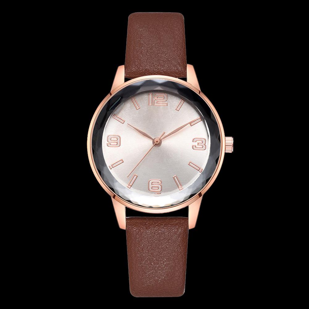 Simple Business Women Arabic Numerals Dial PU Strap Watch Alloy Quartz Wristwatch (Brown)