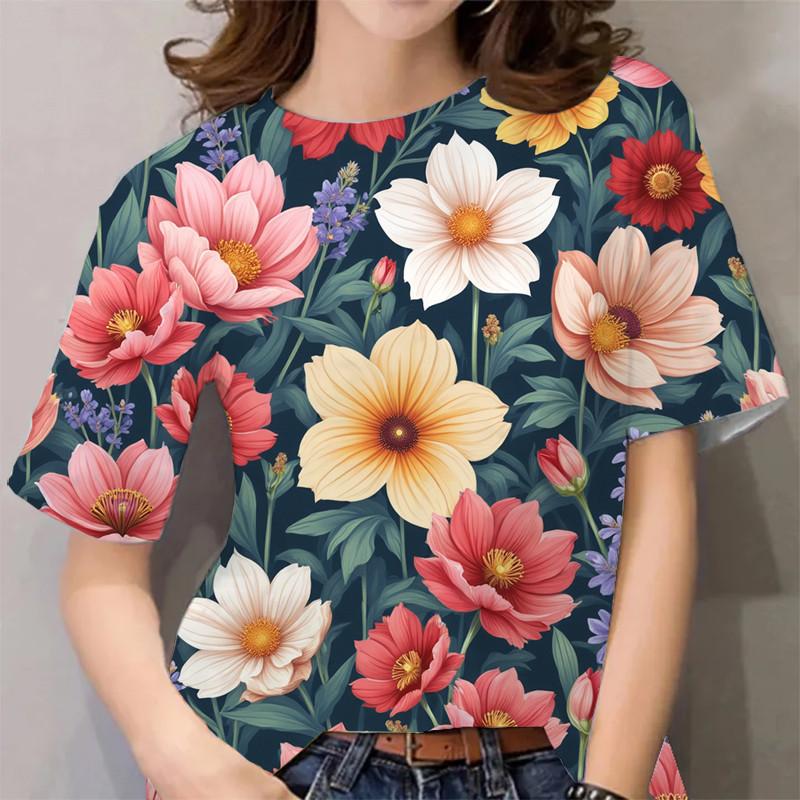 Women's Flower Pattern Graffiti Print Short Sleeve Casual T-Shirt