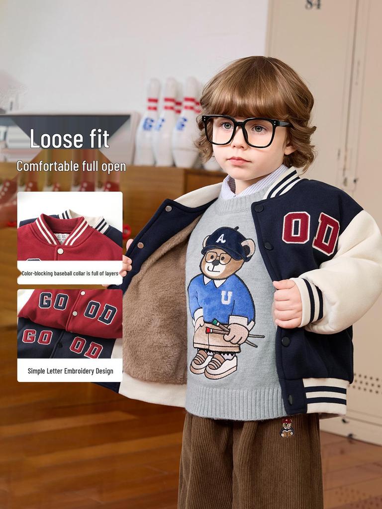 European Boys' Fleece-Lined Baseball Jacket - Thickened Winter 2025 Kids Toddler Coat