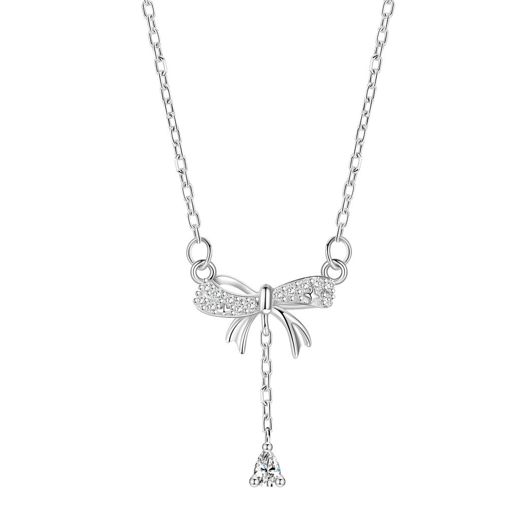 Fashionable High-end 925 Sterling Silver Bow Tassel Necklace for Women, Sweet and Elegant Platinum Jewelry