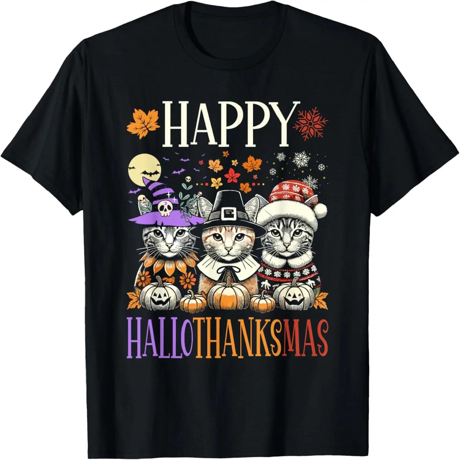 Happy Hallothanksmas Halloween Thanksgiving Christmas Cats T-Shirt S