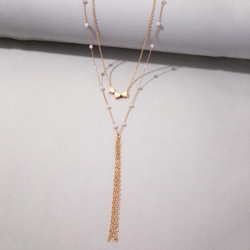 Double Chain Fringed Pearl Necklace Women's Niche Design Sense Love Collarbone Chain Versatile Neck Chain Sweater Chain