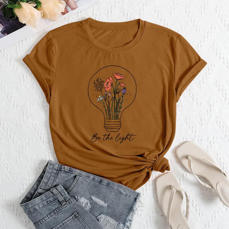 Summer Women's Fashionable Light Bulb Short Sleeved Casual Loose Cotton Round Neck Top