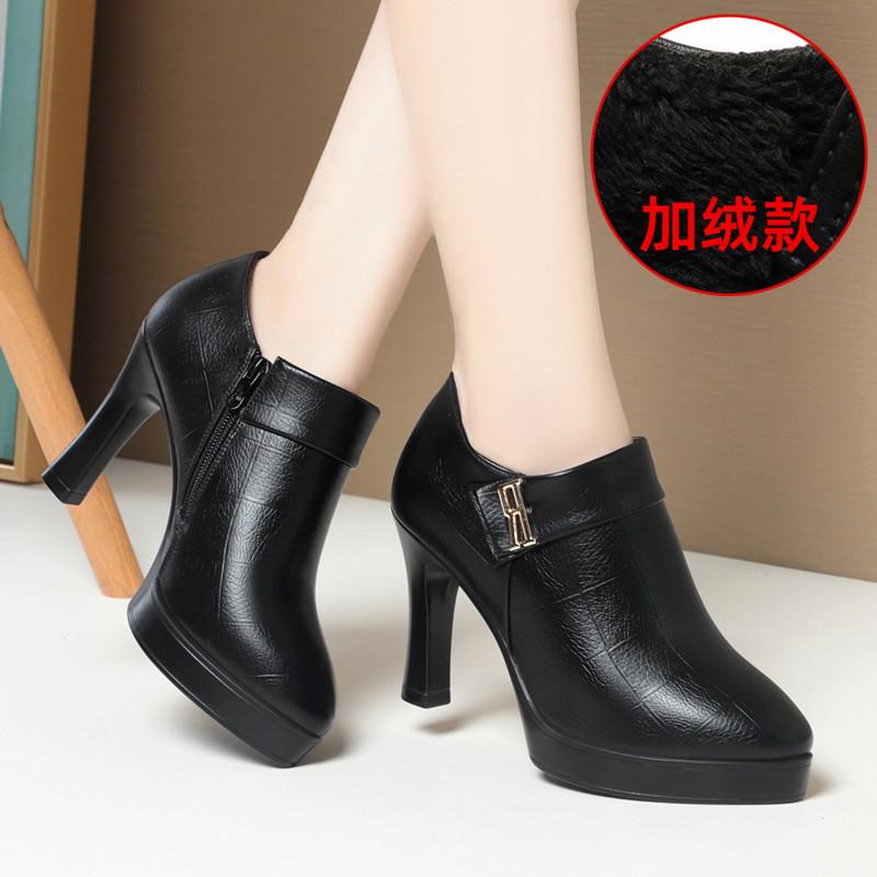 Comfort Deep Mouth Soft Leather Anti-slip Shoes Women Pumps Platform Autumn Winter Plush Women Black High Heels Office Mom Shoes