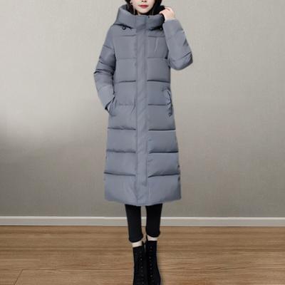 Winter Down Coat Thickened Padded Hooded Stand Collar Knee Length Pockets Zipper