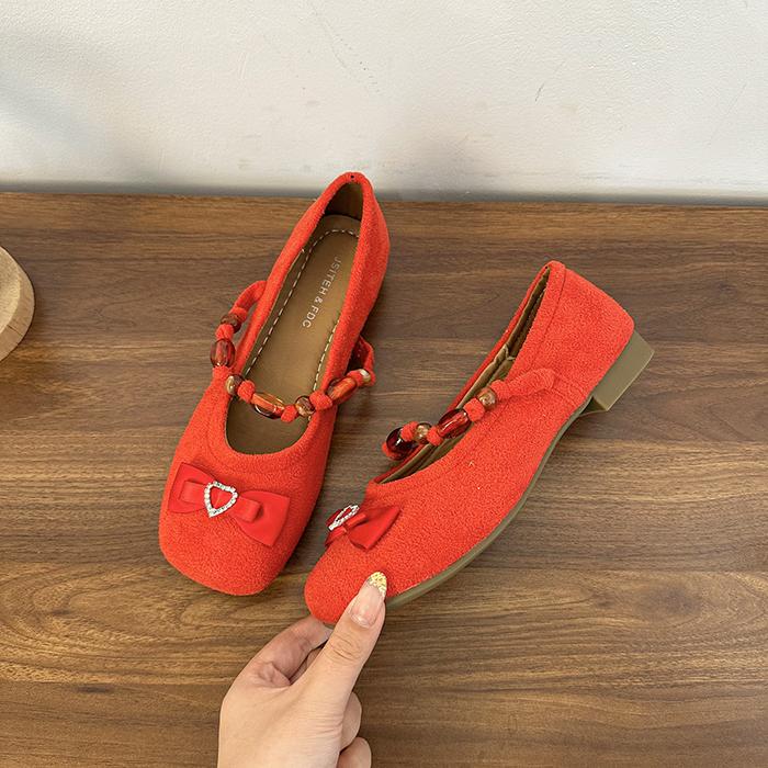 Fashion Beaded flat shallow toe single shoes for women 2025 new style with gentle bow and skirt, Mary Jane Bean shoes