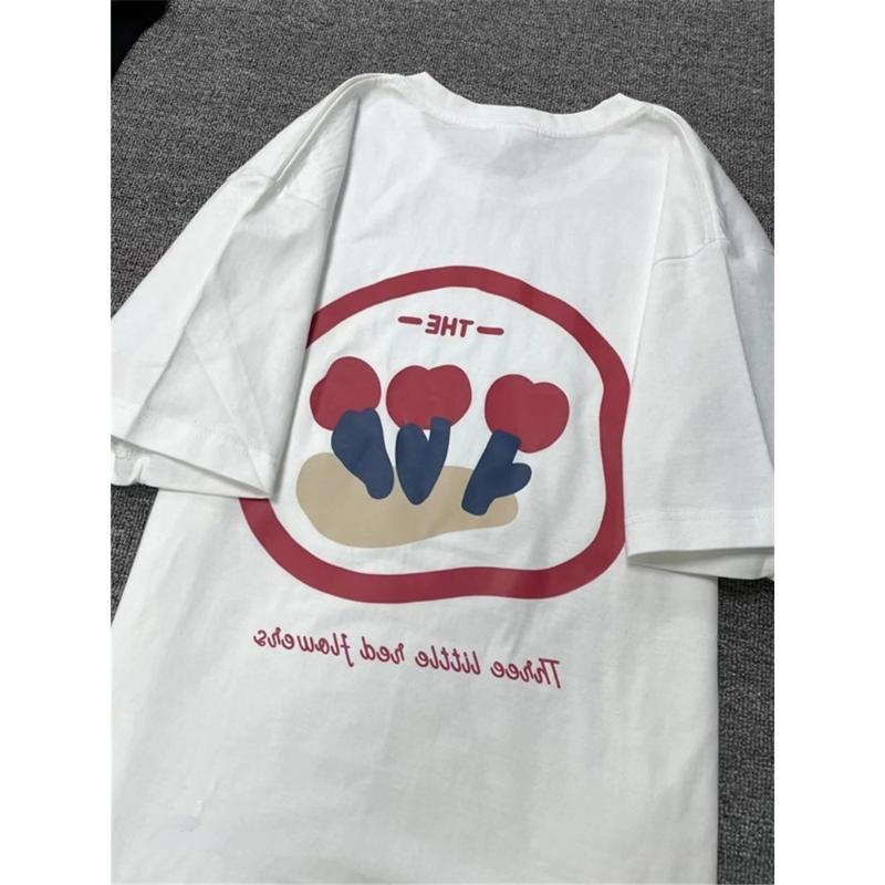 Chic White Pure Cotton Oversize Loose ort Sve Women's T-irt Casual Comfortable Summer Top Korean Sle round Ne Print