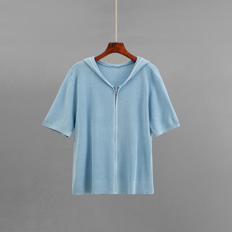 Knitted Solid Color Loose Zipper Hooded Short Sleeved Top Set Casual Wide Leg Pants Two Piece Set