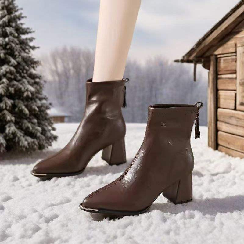 

French thick-heeled short boots 2025 winter new pointed high-heeled thin boots rear zipper fashion versatile fashion boots 40