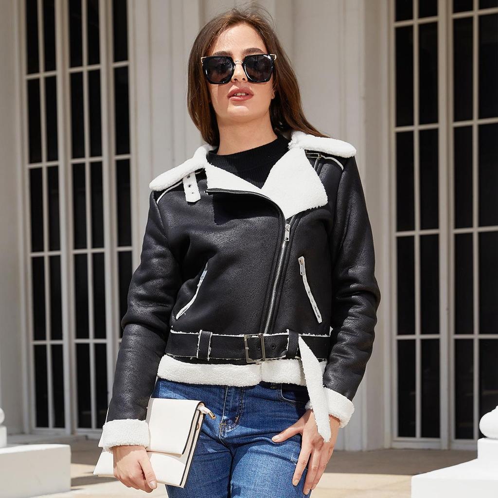 New Fashionable Ladies' Suede Jacket with Fur Lining Retro Thick Lapel Diagonal Zipper Belt Loose Women's Leather Coat