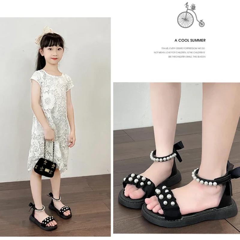 Barnesandaler Sommer Sløyfe Prinsessesko for Jenter Mote Søte Barn Fritid Perle Romerske Sandaler Ensfarget Krok og Løkke