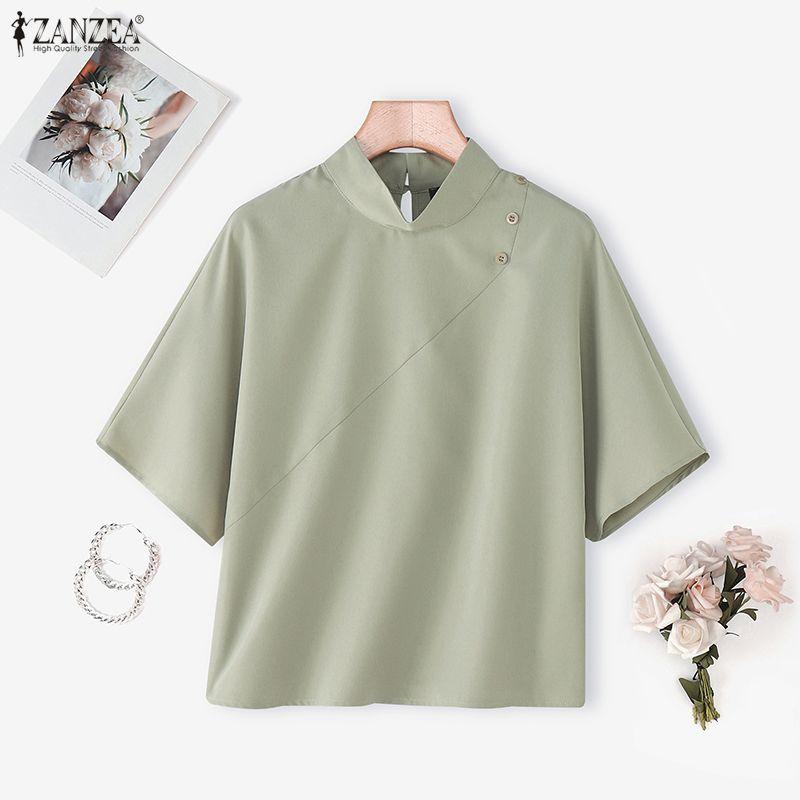 ZANZEA Women Casual Turtleneck Summer Loose Half Sleeve Blouse