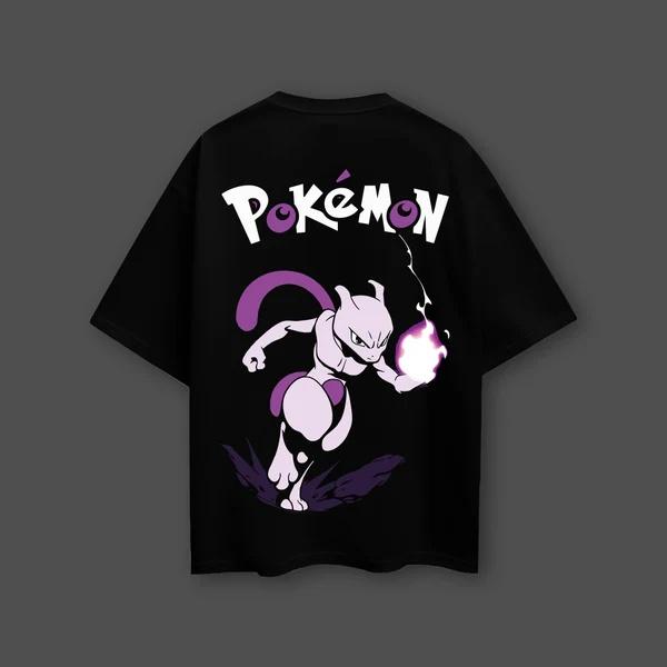 Pokémon Anime Printed Mewtwo Oversized Black Tshirt Men and Women Breathable High Quality Y2K Short Sleeve Summer Tshirt