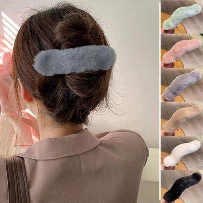 Mno Women's Winter Fashion Hair Accessories Faux Fur Straight Hair Clip Hairpin Ribbon Hair Clip Winter Hair Clip