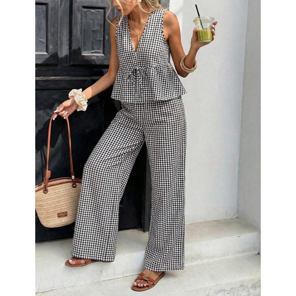 Ensemble 2 pièces élégant : Haut rayé sans manches à encolure en V et Pantalon large taille haute, Tenue décontractée d'été pour les vacances