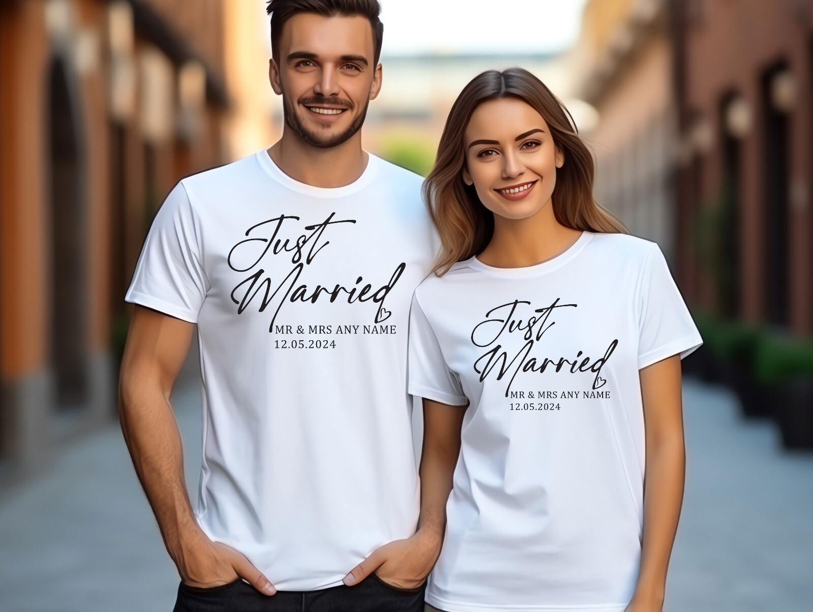 Personalised T Shirt Mens Womens Tees Top Wifey or Hubby Bride Groom Top Tee Mr and mrs, Just Married S