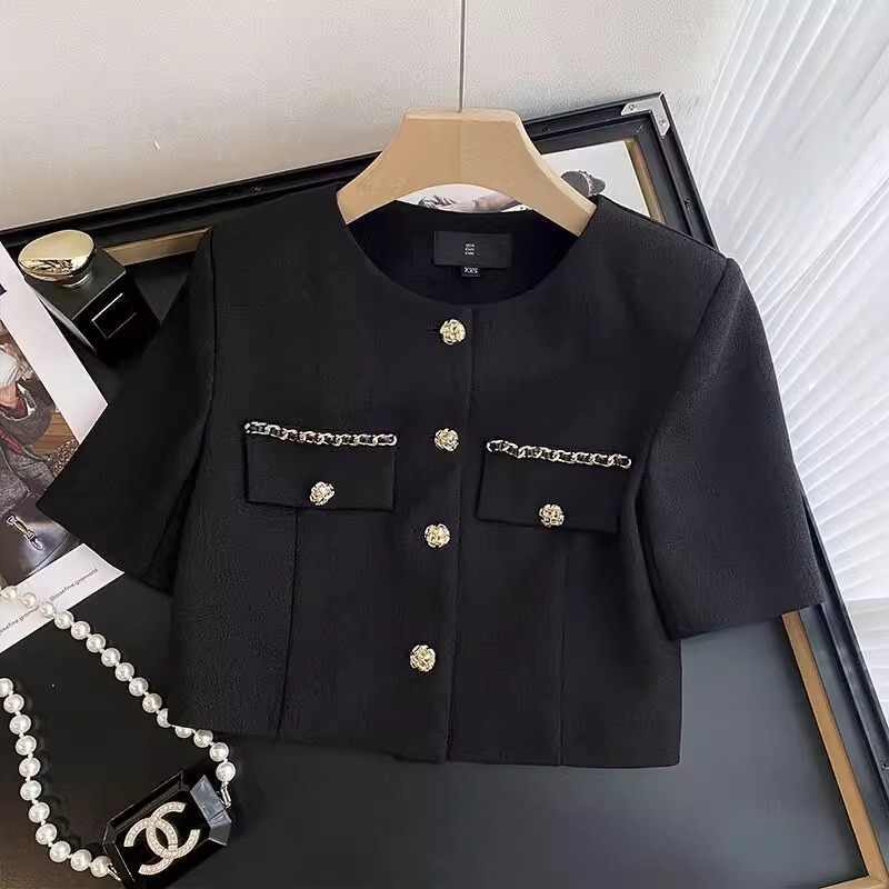 Fashion Office Lady Outfit Summer Chain Splicing Tweed Suit Women Single Breasted Top+Slim Shorts Elegant 2Pcs Set