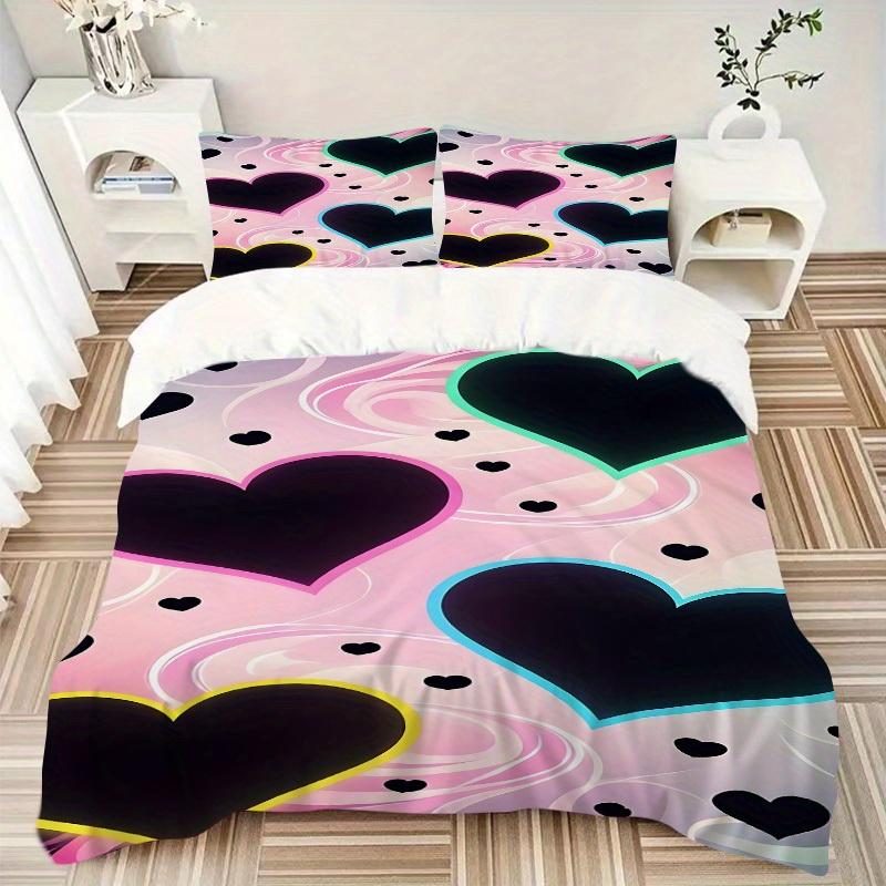 3Pcs Neon Hearts Printed Bedding Set, Breathable And Soft, Machine Washable, Christmas Gift, Suitable for Bedroom Decoration, 15171