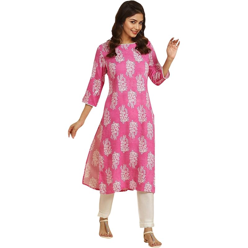 W Pink Floral Printed Rayon Straight Long Kurta for Women