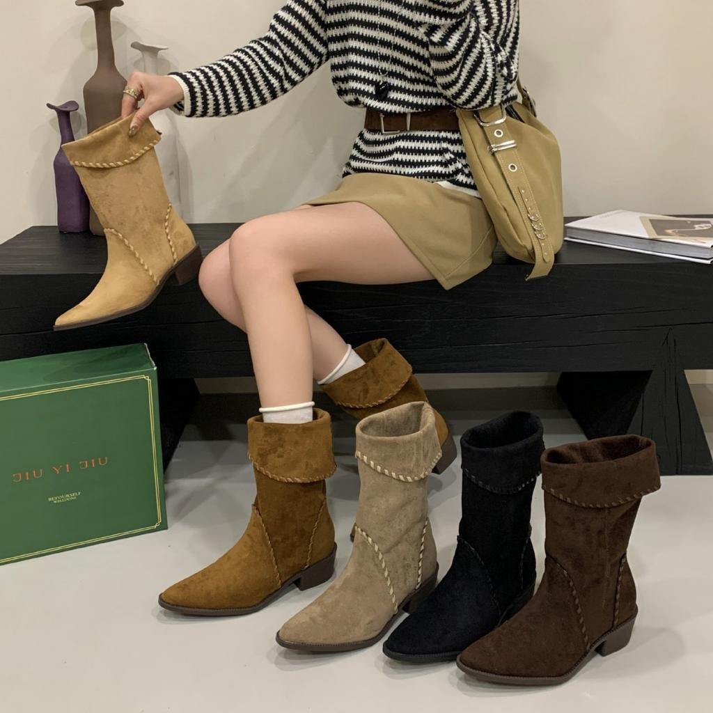 Niche thick heel pointed flanged two wear pile boots short boots western cowboy boots women's 2025 medium boots